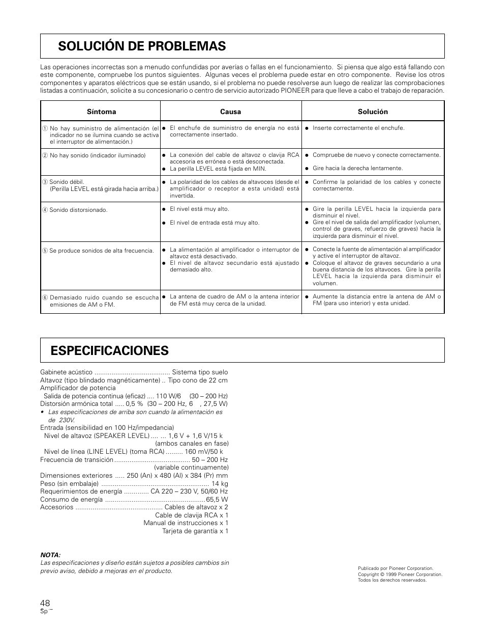 Especificaciones, Solución de problemas | Pioneer S-W80S-QL User Manual | Page 48 / 52