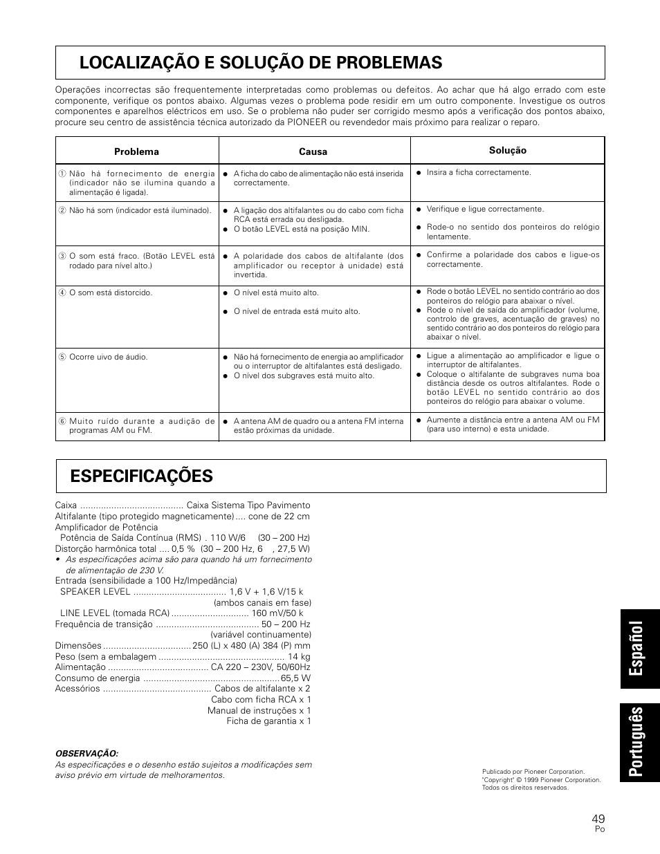 Localização e solução de problemas, Especificações | Pioneer S-W80S-QL User Manual | Page 49 / 52