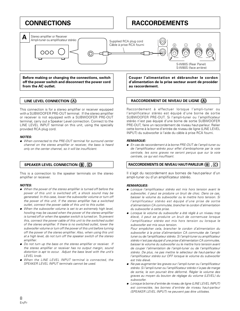 Connections, Raccordements | Pioneer S-W80S-QL User Manual | Page 8 / 52