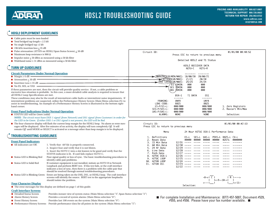 Hdsl2 troubleshooting guide, Hdsl2 deployment guidelines, Turn up guidelines | Troubleshooting guidelines | ADTRAN 3192 H2TU-C User Manual | Page 2 / 2