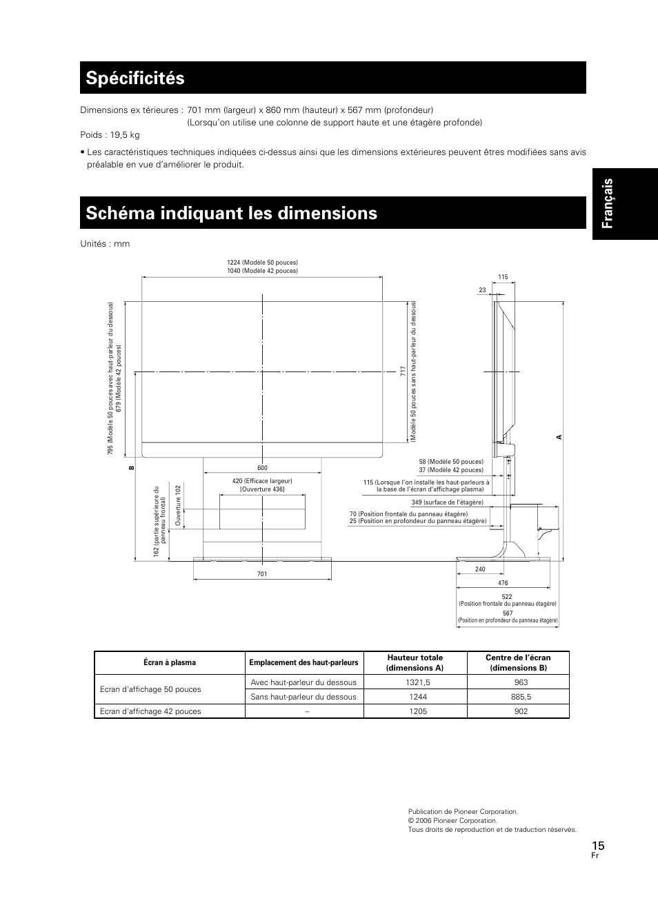 Spécificités, Schéma indiquant les dimensions, Fran çais | Pioneer PDK-FS07 User Manual | Page 15 / 44