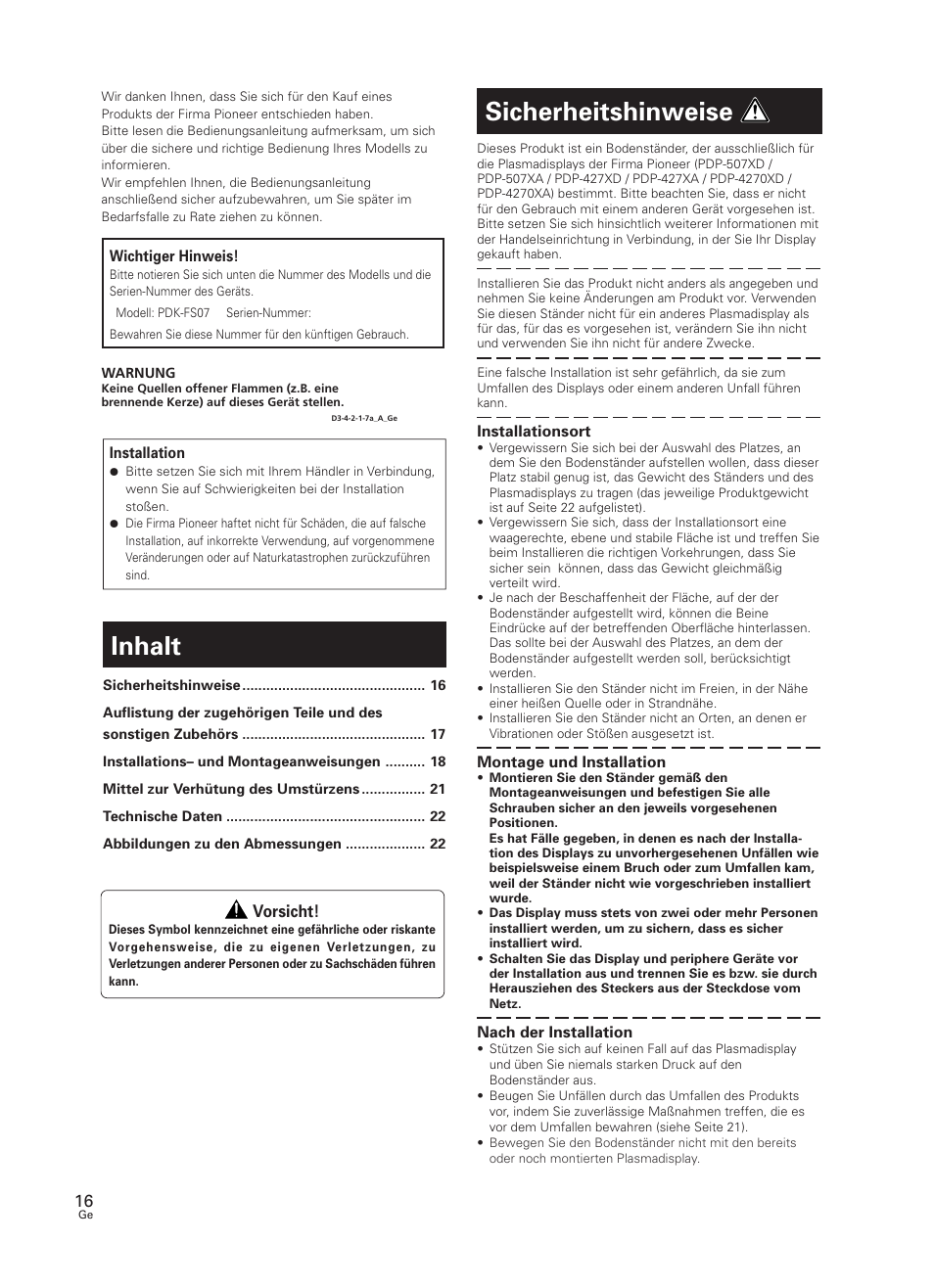 Bedienungsanleitung, Sicherheitshinweise, Inhalt | Pioneer PDK-FS07 User Manual | Page 16 / 44