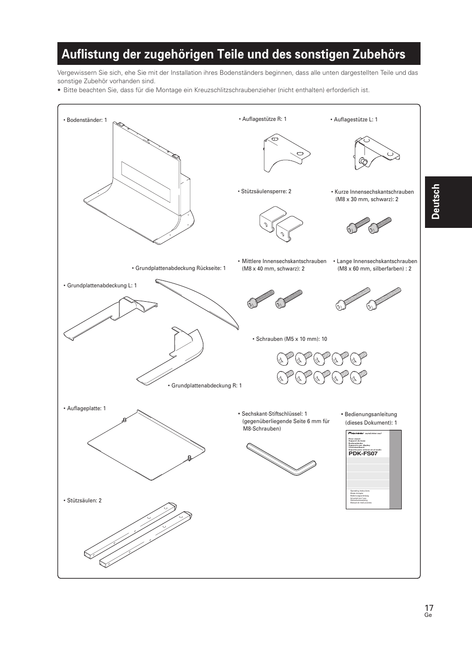 Auflistung der zugehörigen teile und des, Sonstigen zubehörs, Deutsch | Pioneer PDK-FS07 User Manual | Page 17 / 44
