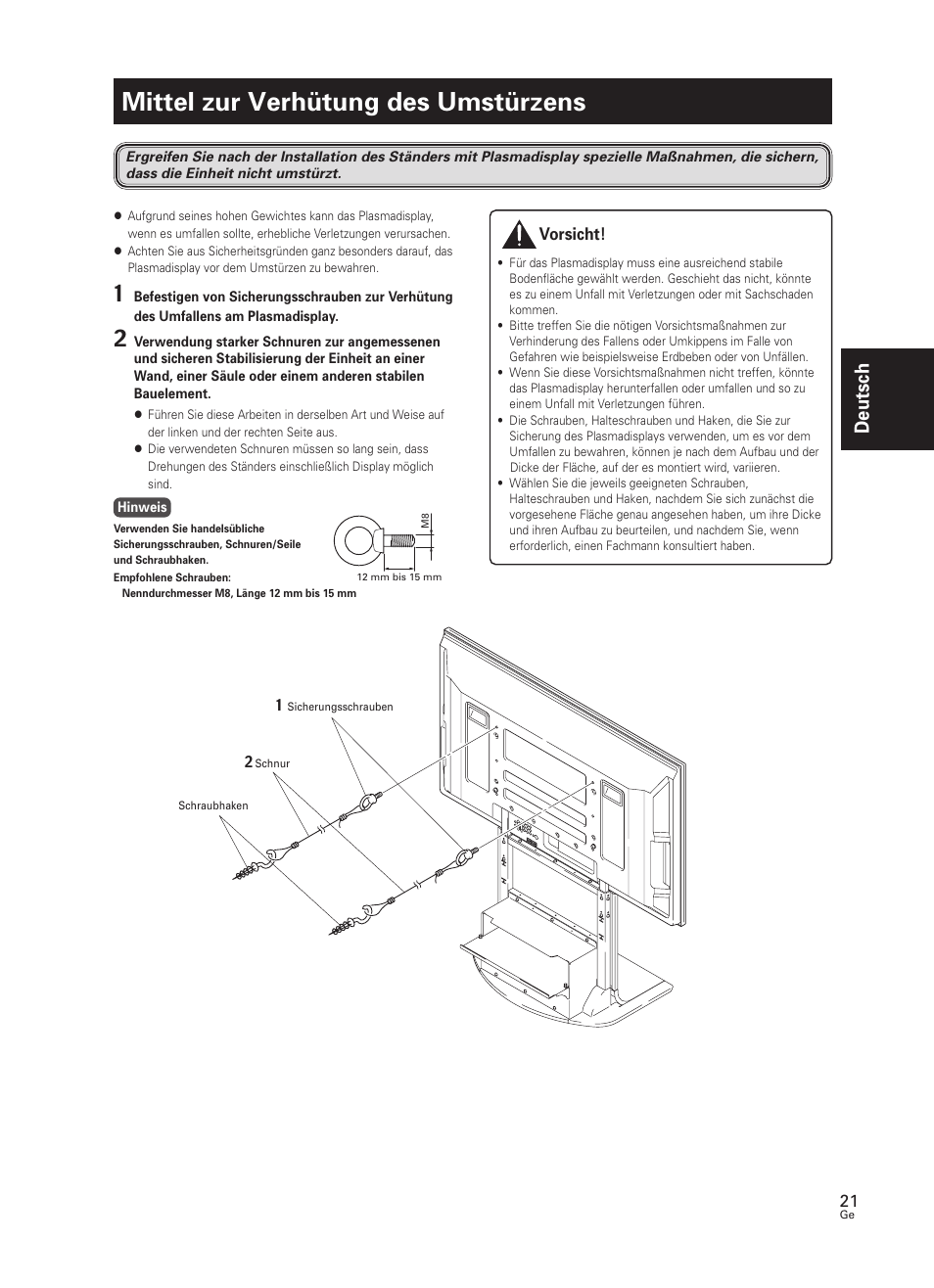 Mittel zur verhütung des umstürzens, Deutsch | Pioneer PDK-FS07 User Manual | Page 21 / 44