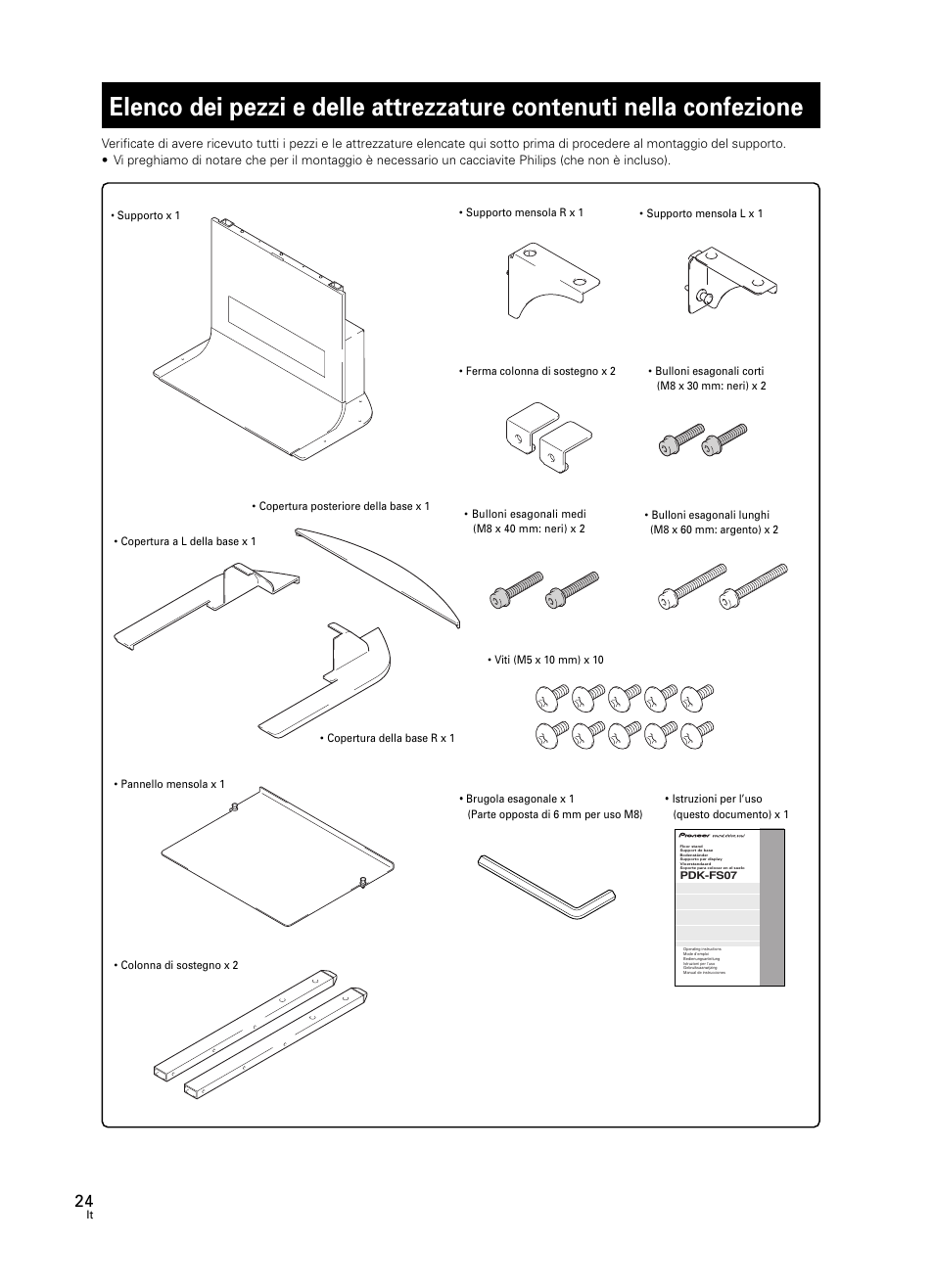 Elenco dei pezzi e delle attrezzature contenuti, Nella confezione | Pioneer PDK-FS07 User Manual | Page 24 / 44