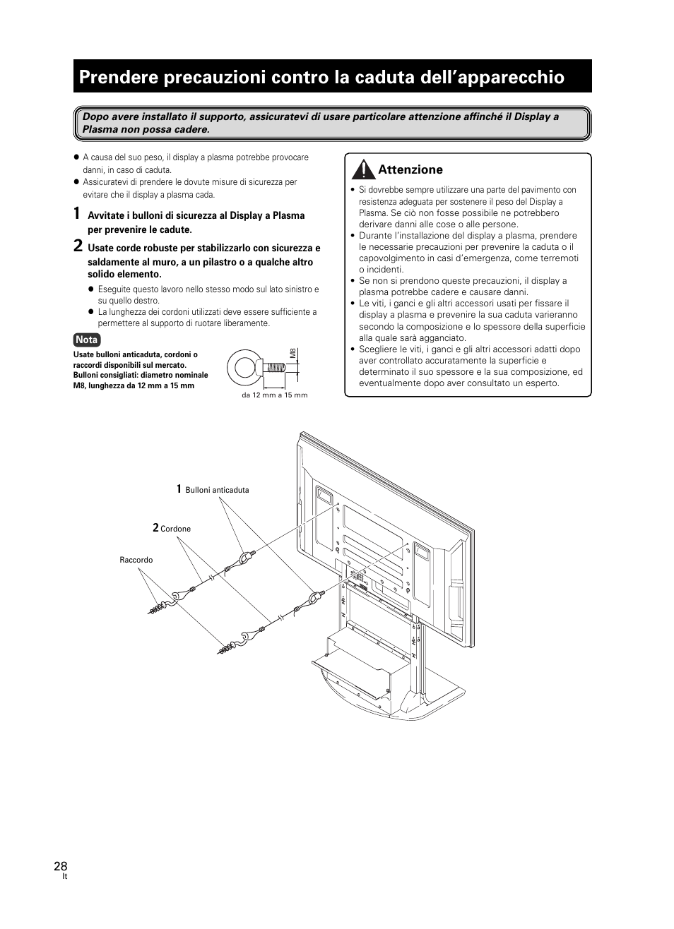Prendere precauzioni contro la caduta, Dell’apparecchio | Pioneer PDK-FS07 User Manual | Page 28 / 44