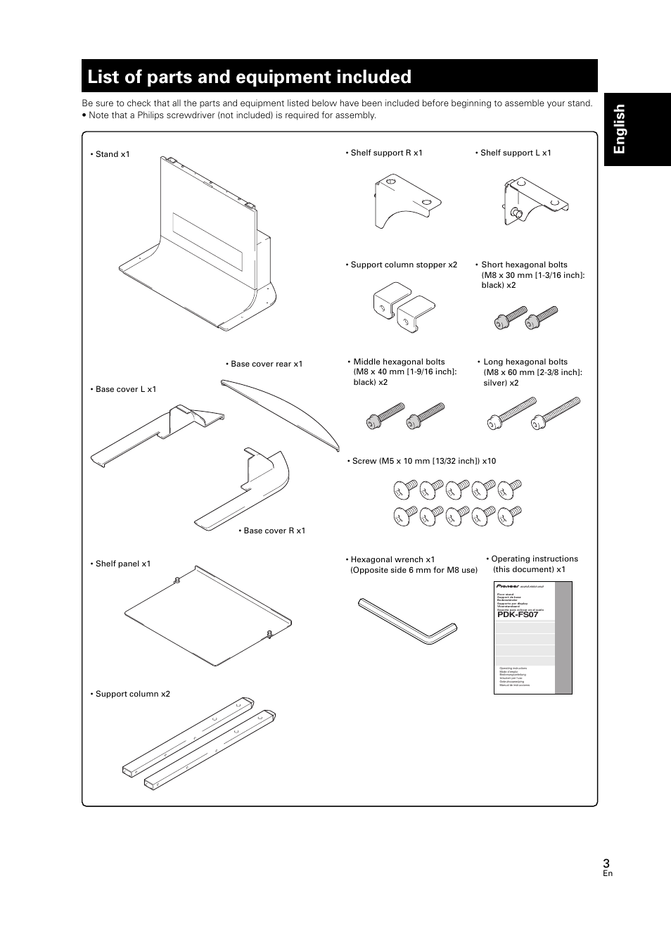 List of parts and equipment included, English | Pioneer PDK-FS07 User Manual | Page 3 / 44