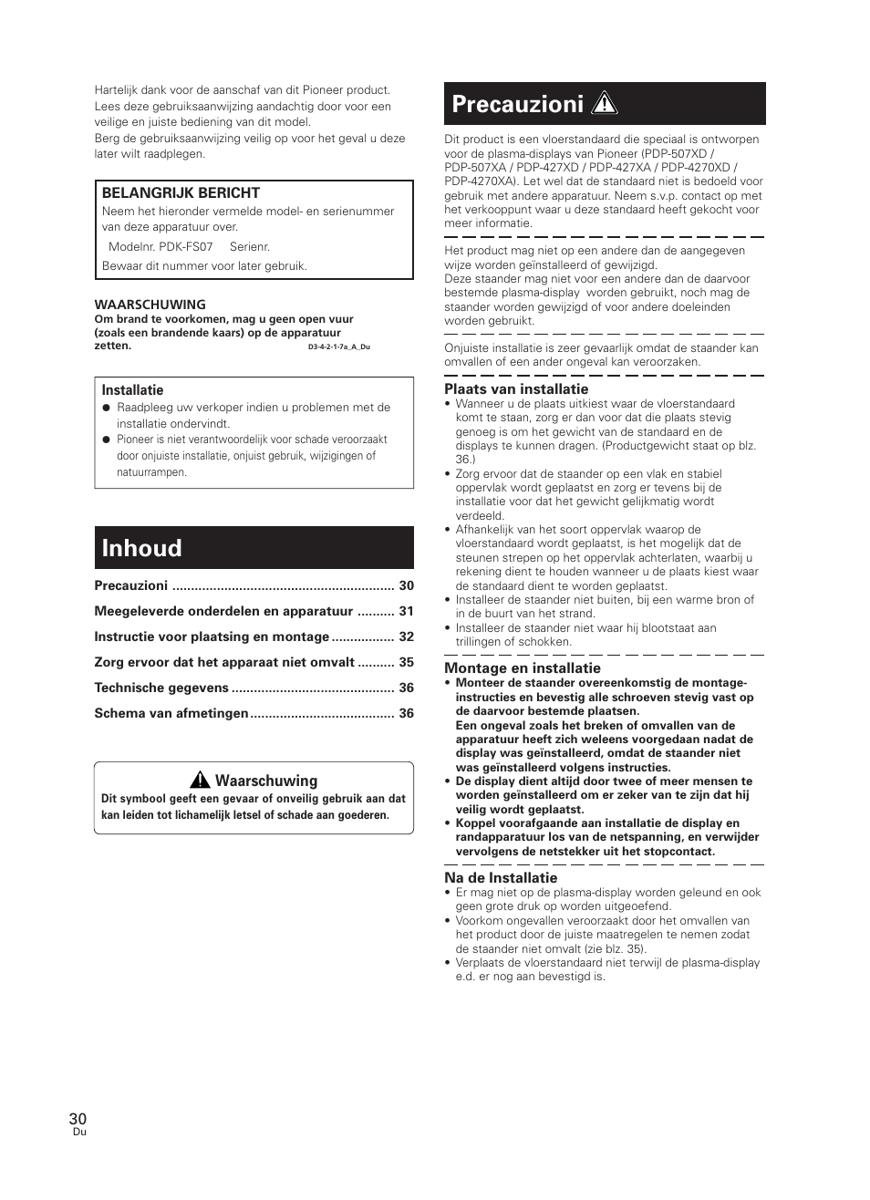 Gebruiksaanwijzing, Precauzioni, Inhoud | Pioneer PDK-FS07 User Manual | Page 30 / 44