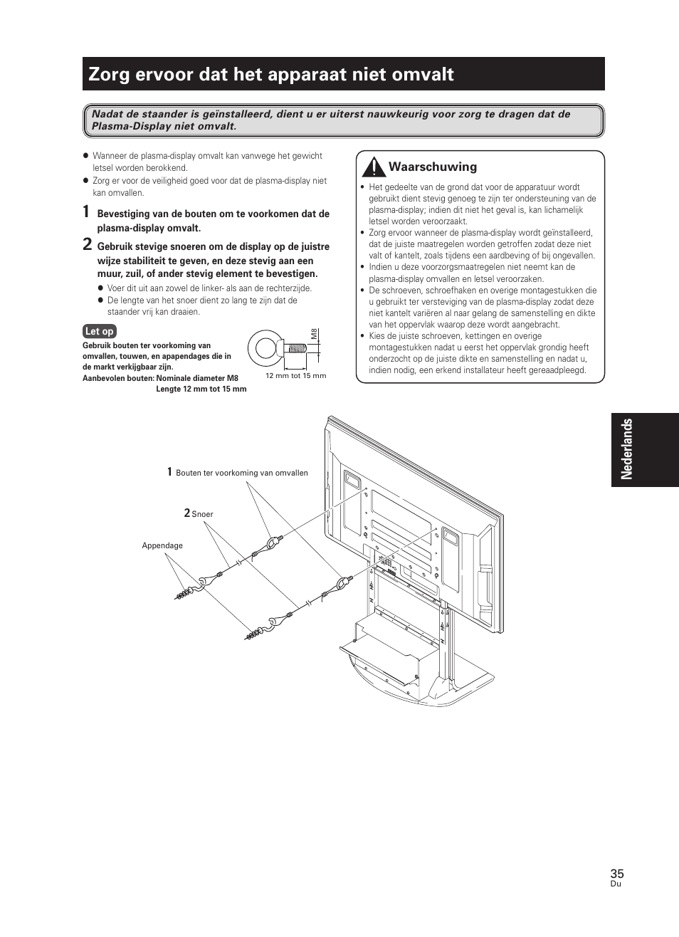 Zorg ervoor dat het apparaat niet omvalt, Nederlands | Pioneer PDK-FS07 User Manual | Page 35 / 44