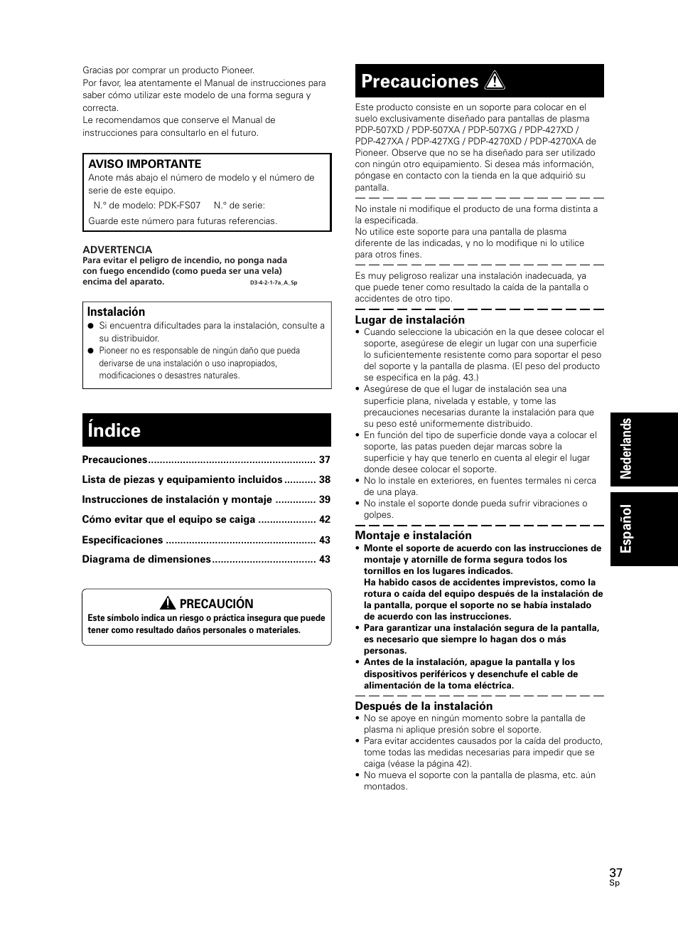 Manual de instrucciones, Índice, Precauciones | Nederlands español | Pioneer PDK-FS07 User Manual | Page 37 / 44