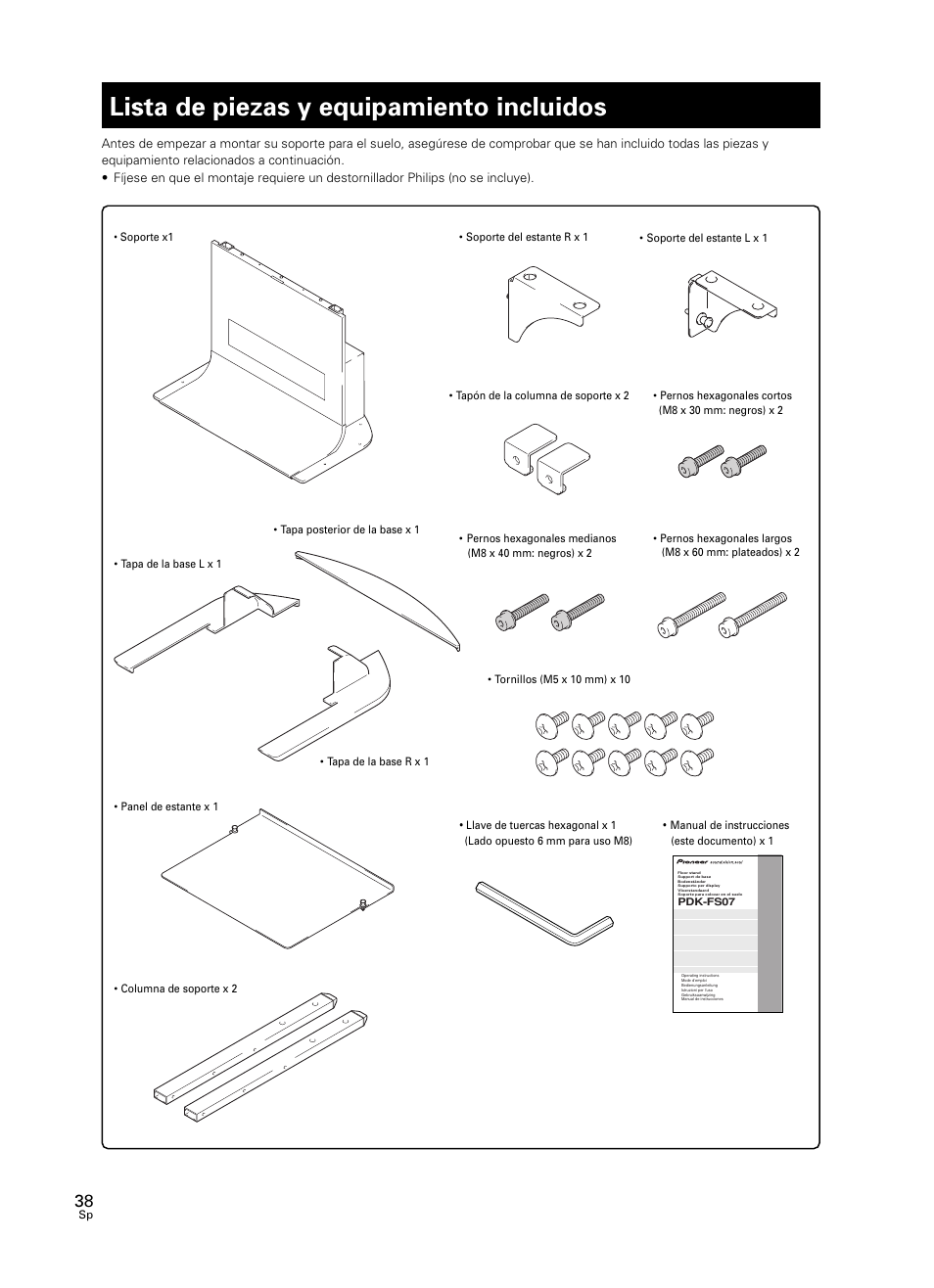 Lista de piezas y equipamiento incluidos | Pioneer PDK-FS07 User Manual | Page 38 / 44