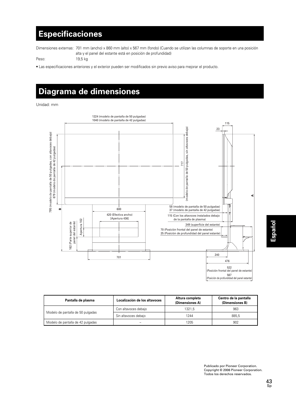 Especificaciones, Diagrama de dimensiones, Espa ñ ol | Pioneer PDK-FS07 User Manual | Page 43 / 44