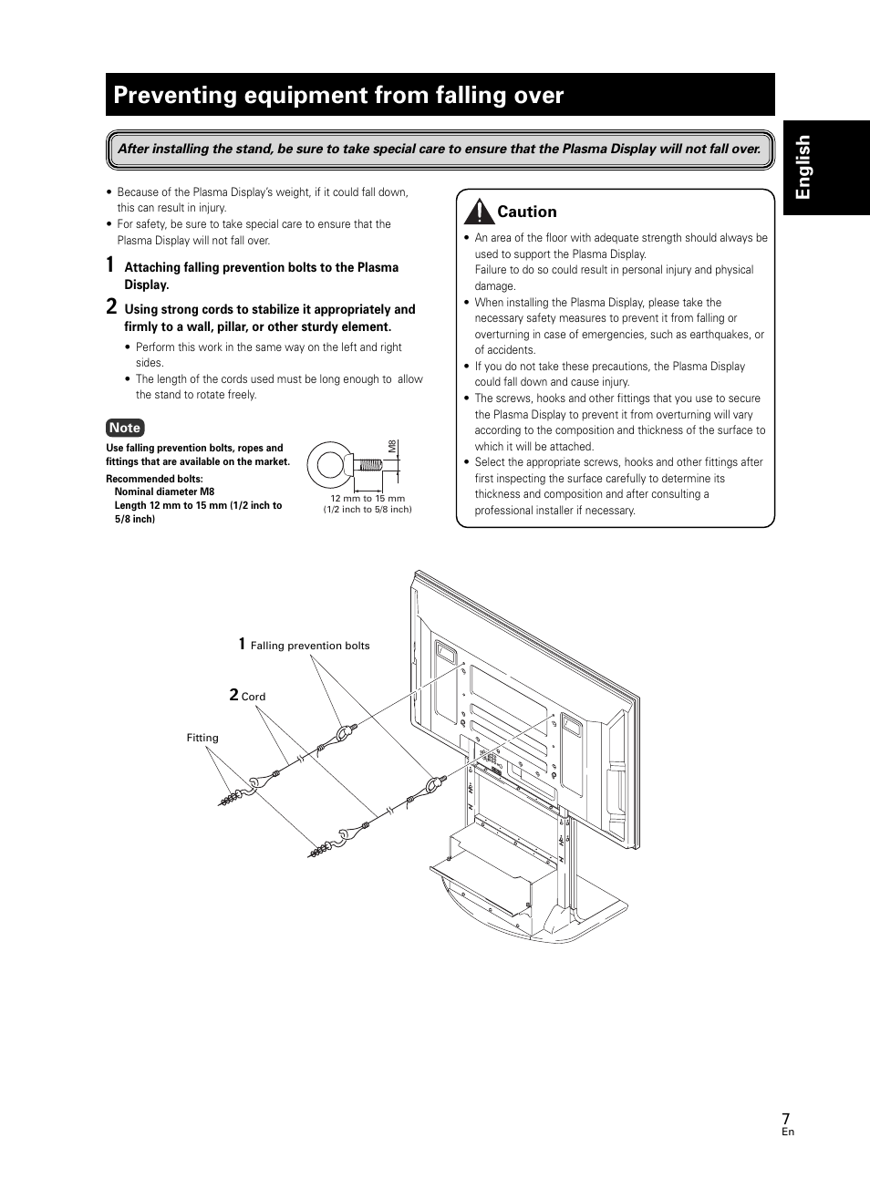 Preventing equipment from falling over, English | Pioneer PDK-FS07 User Manual | Page 7 / 44
