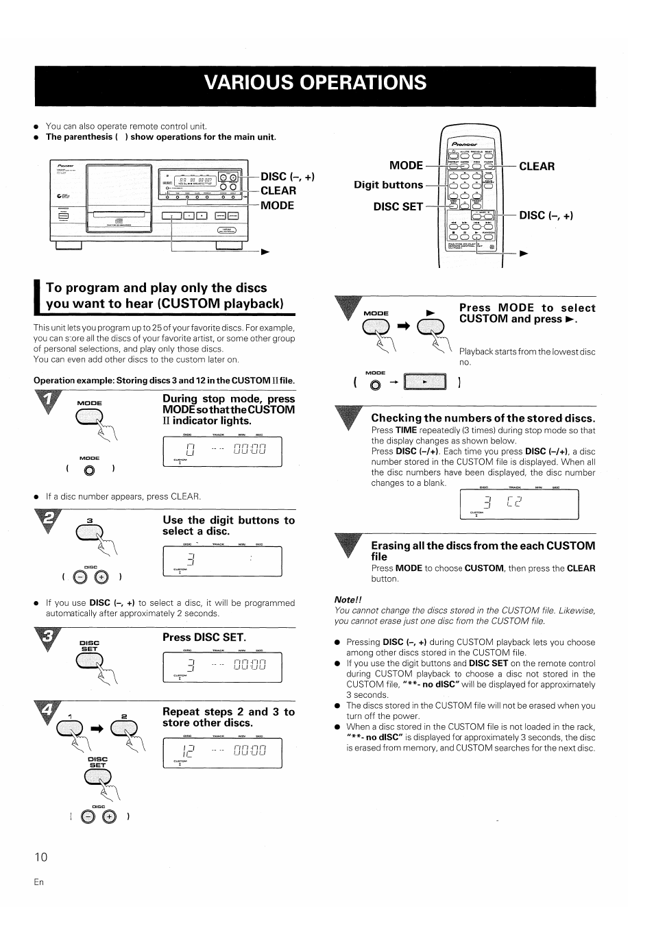 Various operations, Mode digit buttons disc set, Press mode to select custom and press | Checking the numbers of the stored discs, Erasing all the discs from the each custom file | Pioneer PD-F607 User Manual | Page 10 / 20