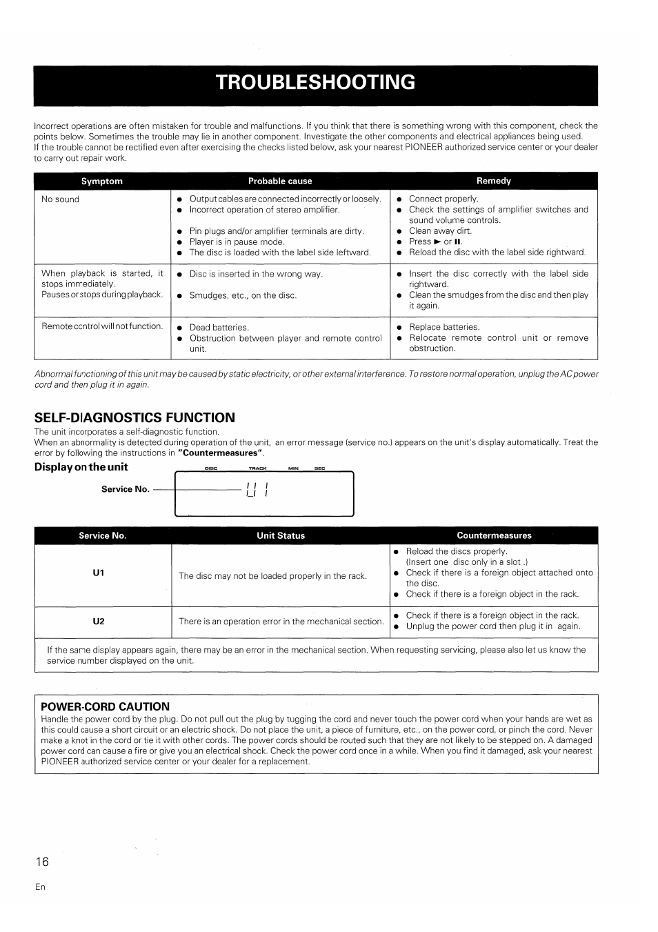 Troubleshooting, Self-diagnostics function | Pioneer PD-F607 User Manual | Page 16 / 20