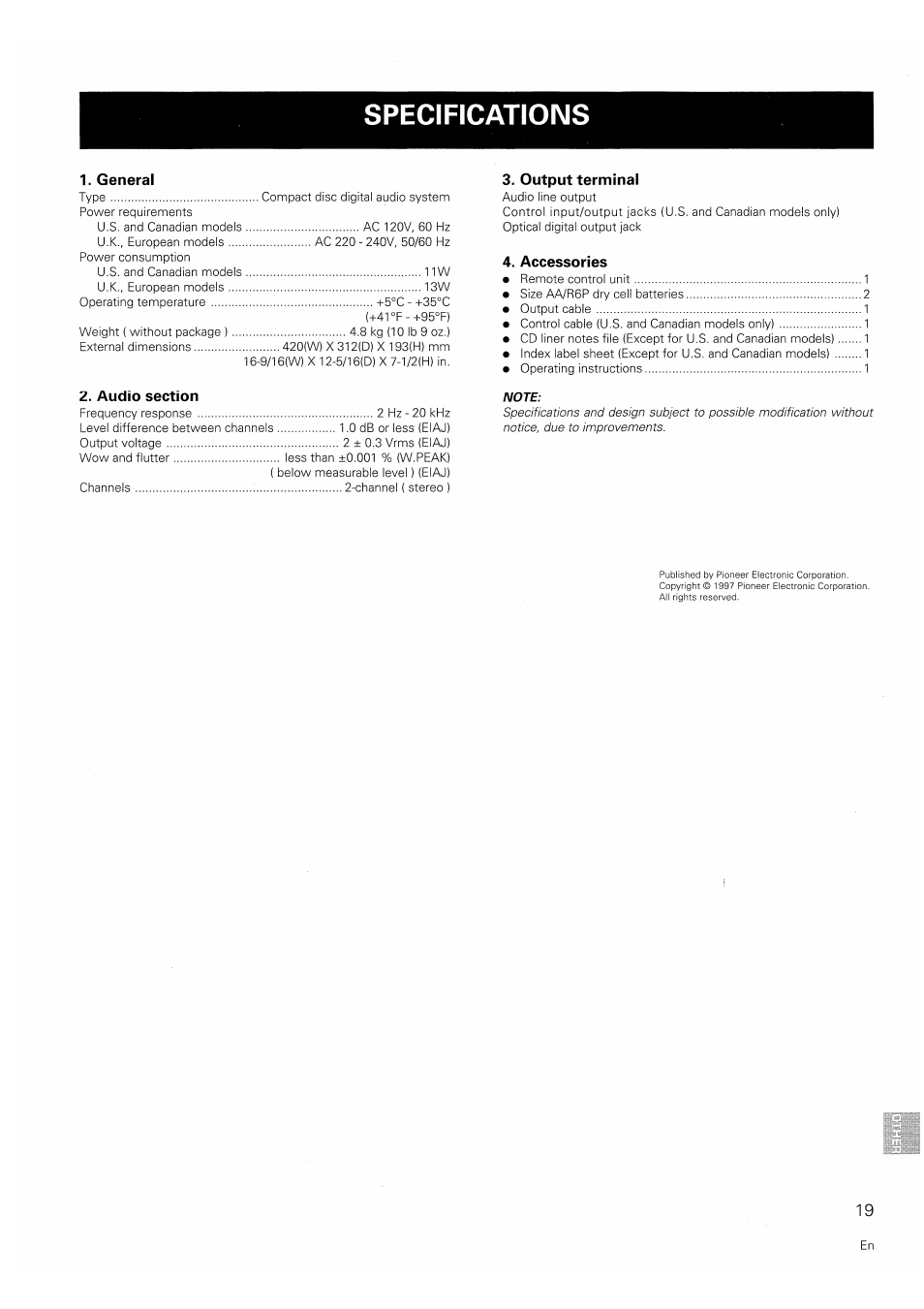 Specifications | Pioneer PD-F607 User Manual | Page 19 / 20