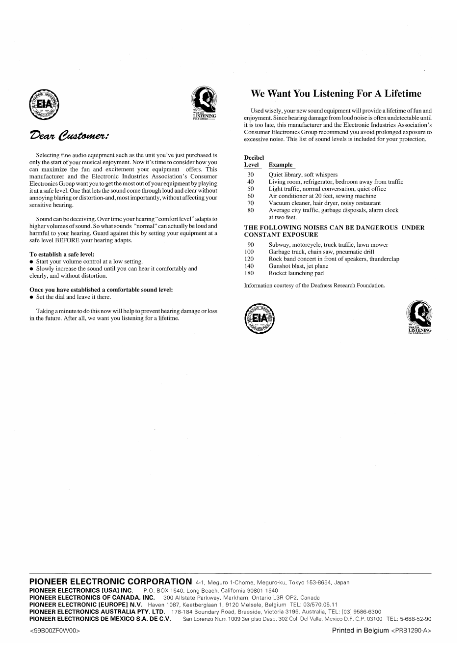 We want you listening for a lifetime, Pioneer electronic corporation | Pioneer PD-F607 User Manual | Page 20 / 20