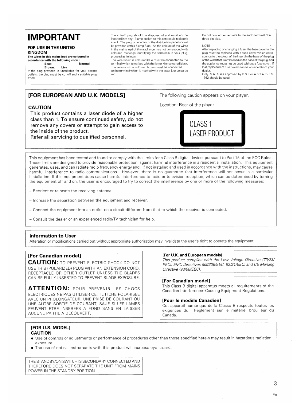 Important, Class 1 laser product, For european and u.k. models | Caution, Attention | Pioneer PD-F607 User Manual | Page 3 / 20