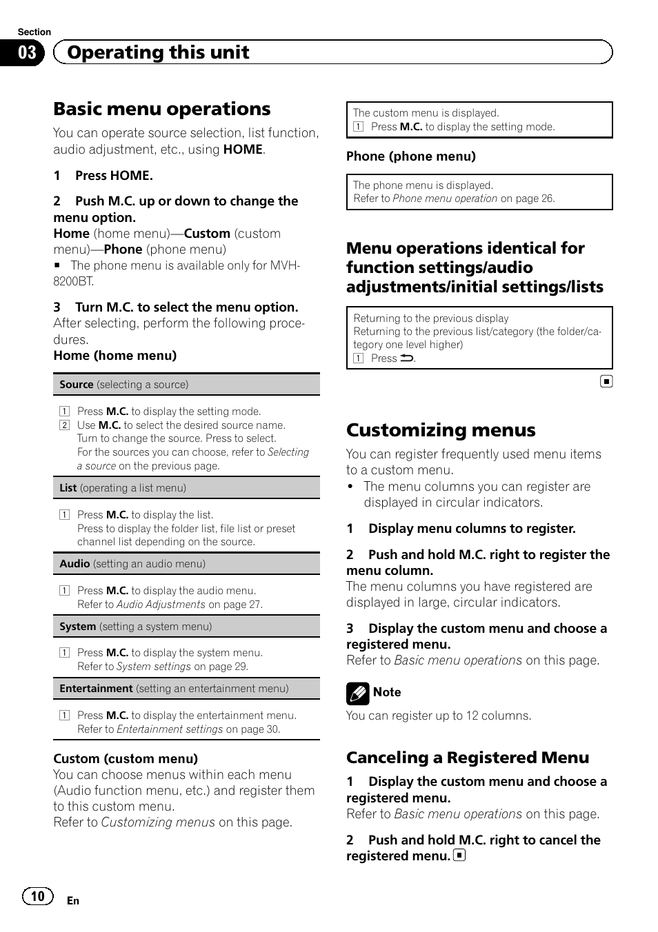 Basic menu operations, Menu operations identical for function, Settings/audio adjustments/initial settings/lists | Customizing menus, Canceling a registered menu 10, 03 operating this unit, Canceling a registered menu | Pioneer MVH-8200BT User Manual | Page 10 / 48