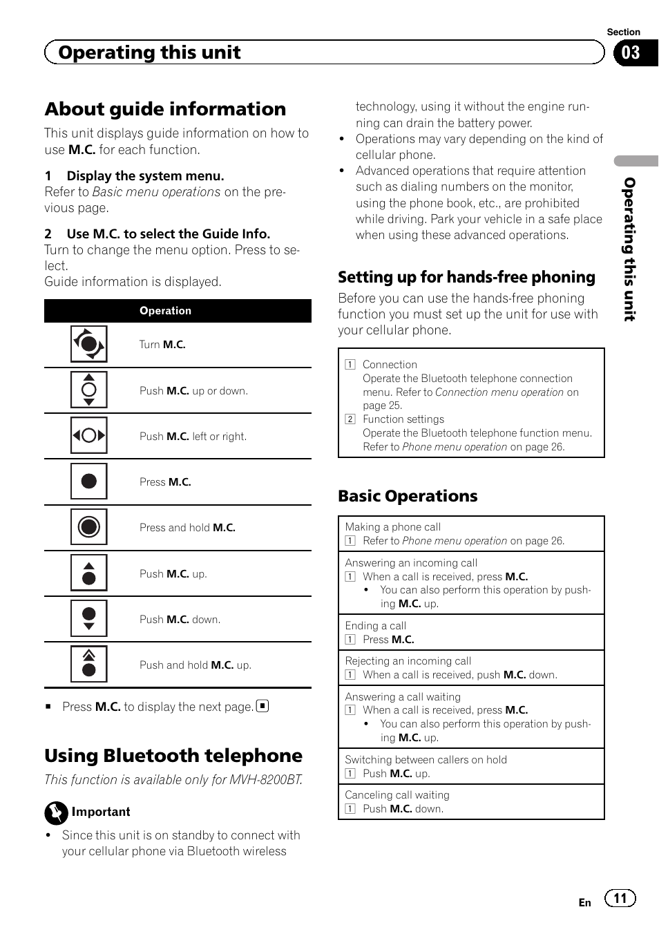 About guide information, Using bluetooth telephone, Setting up for hands-free phoning 11 | Basic operations 11, Setting up for hands-free phoning, Basic operations, Operating this unit | Pioneer MVH-8200BT User Manual | Page 11 / 48
