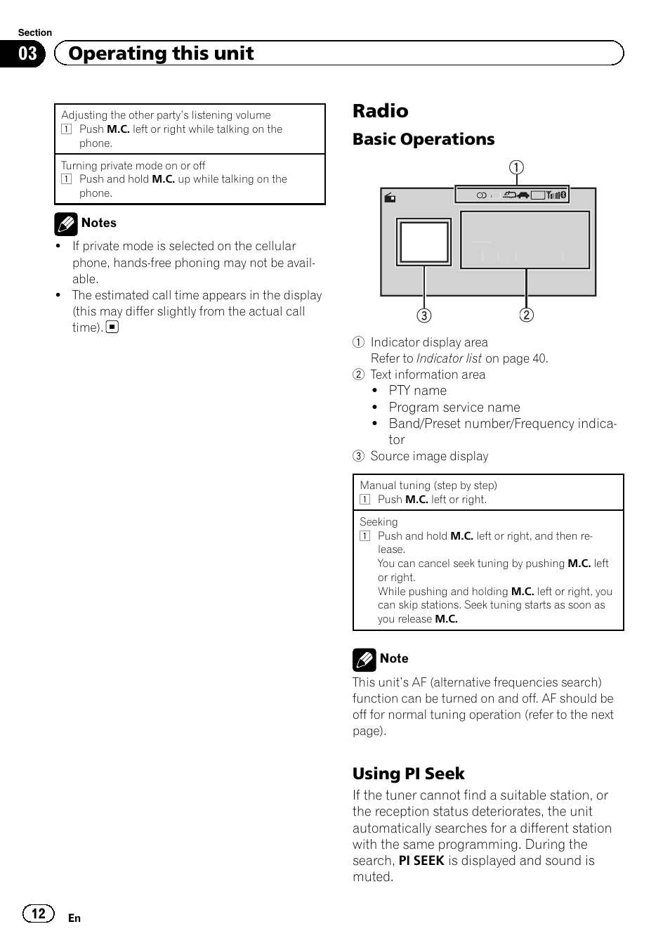 Radio, Basic operations 12, Using pi seek 12 | 03 operating this unit, Basic operations, Using pi seek | Pioneer MVH-8200BT User Manual | Page 12 / 48