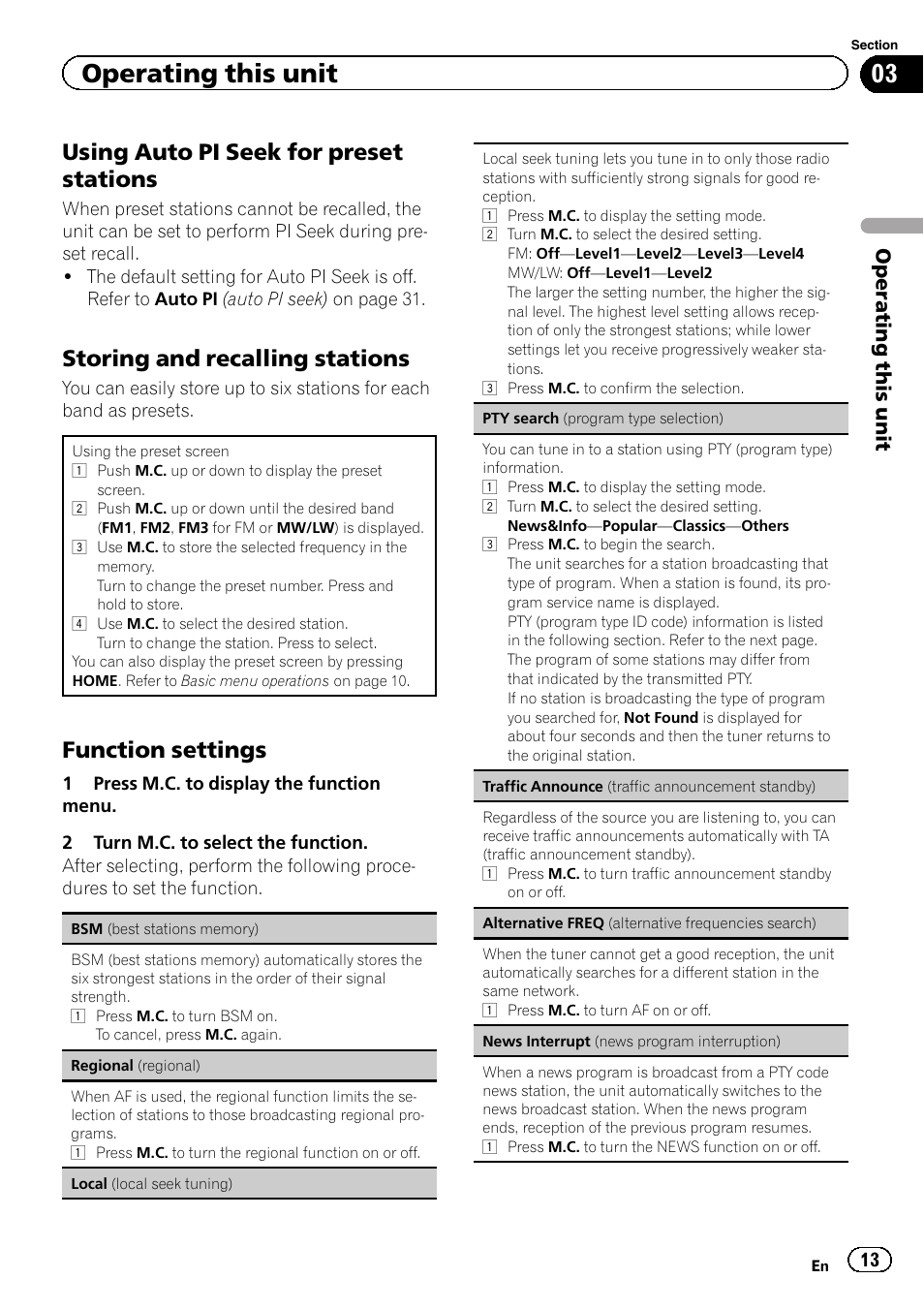 Using auto pi seek for preset, Stations, Storing and recalling stations 13 | Function settings 13, Using auto pi seek for preset stations, Storing and recalling stations, Function settings, Operating this unit | Pioneer MVH-8200BT User Manual | Page 13 / 48