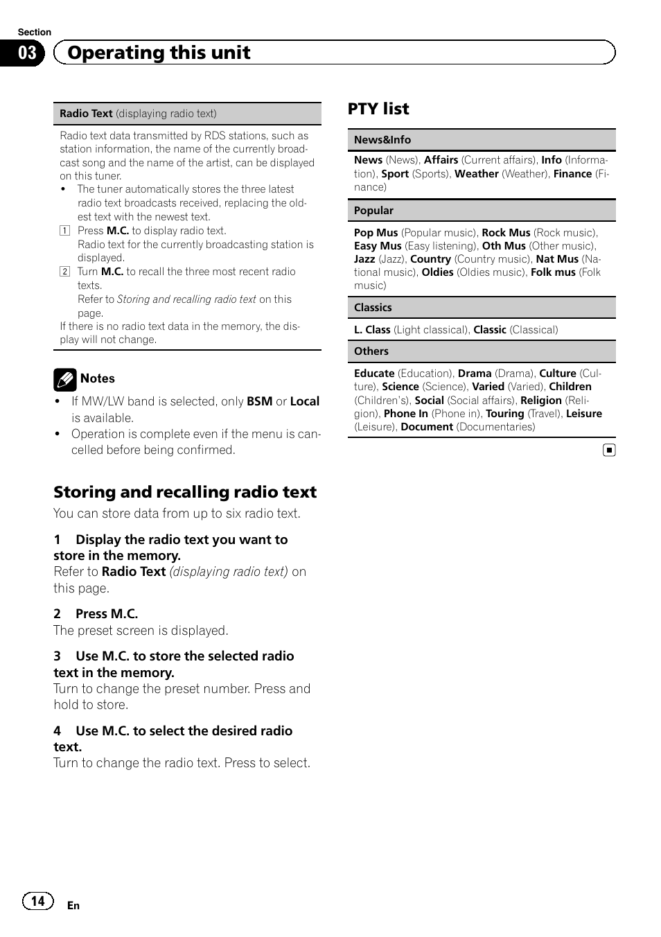Storing and recalling radio text 14, Pty list 14, 03 operating this unit | Storing and recalling radio text, Pty list | Pioneer MVH-8200BT User Manual | Page 14 / 48