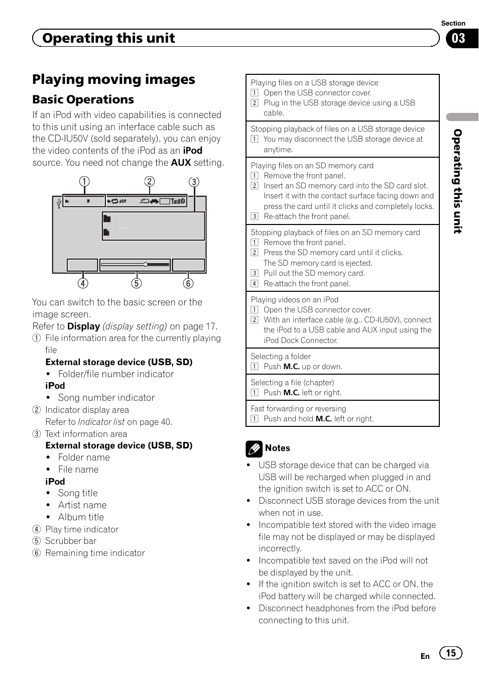 Playing moving images, Basic operations 15, Operating this unit | Basic operations | Pioneer MVH-8200BT User Manual | Page 15 / 48