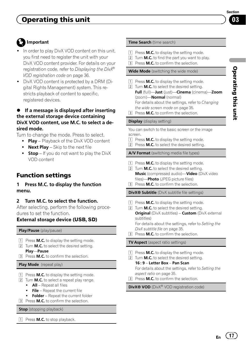 Function settings 17, A/v format (switching media file, Function settings | Operating this unit | Pioneer MVH-8200BT User Manual | Page 17 / 48