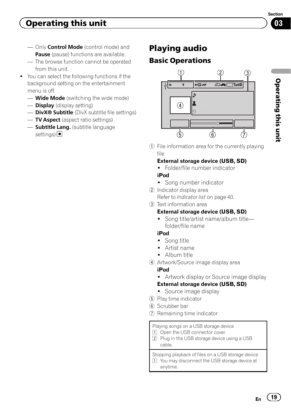 Playing audio, Basic operations 19, Operating this unit | Basic operations | Pioneer MVH-8200BT User Manual | Page 19 / 48