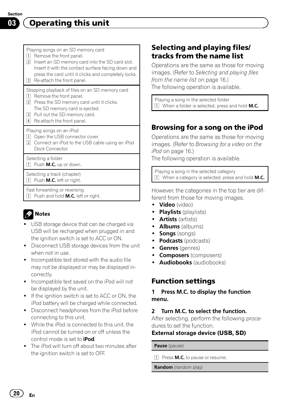 Selecting and playing files/tracks from, The name list, Browsing for a song on the ipod 20 | Function settings 20, 03 operating this unit, Browsing for a song on the ipod, Function settings | Pioneer MVH-8200BT User Manual | Page 20 / 48