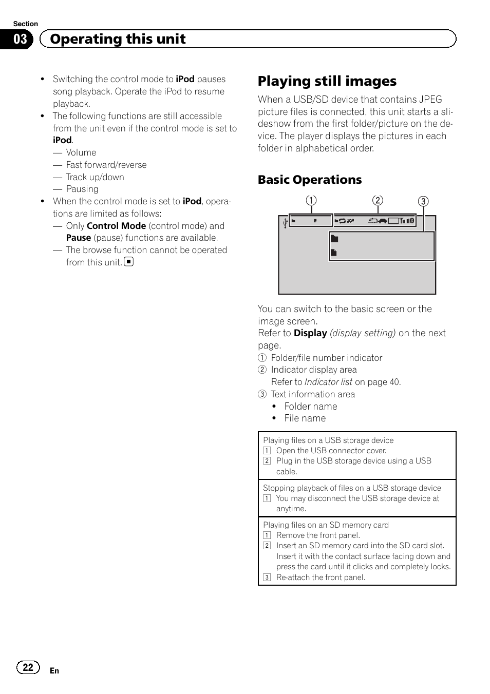 Playing still images, Basic operations 22, 03 operating this unit | Basic operations | Pioneer MVH-8200BT User Manual | Page 22 / 48
