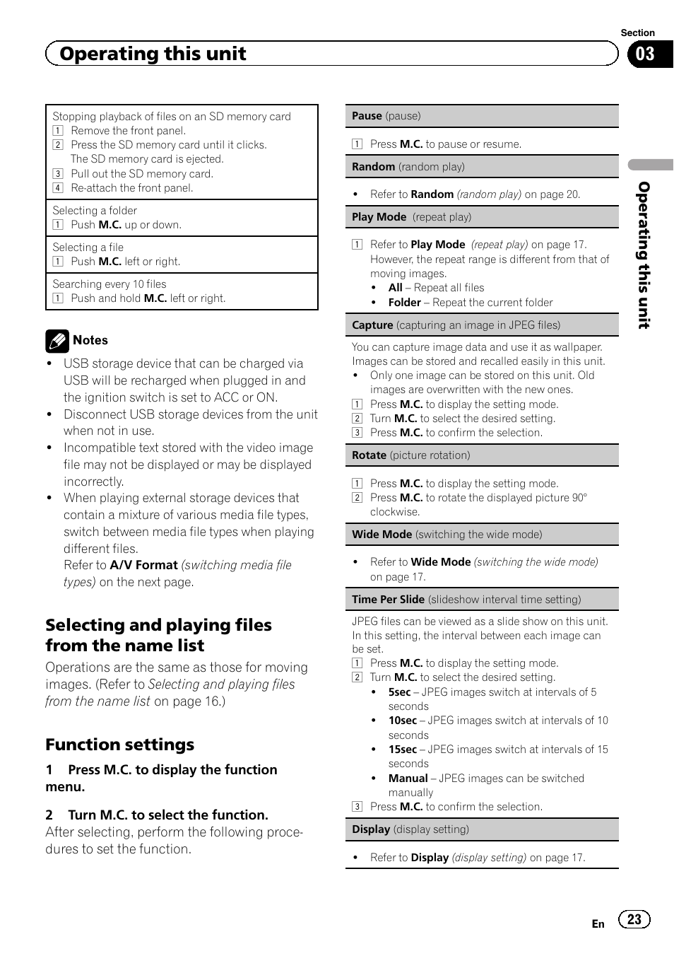 Selecting and playing files from the, Name list, Function settings 23 | Selecting and playing files from the name list, Function settings, Operating this unit | Pioneer MVH-8200BT User Manual | Page 23 / 48