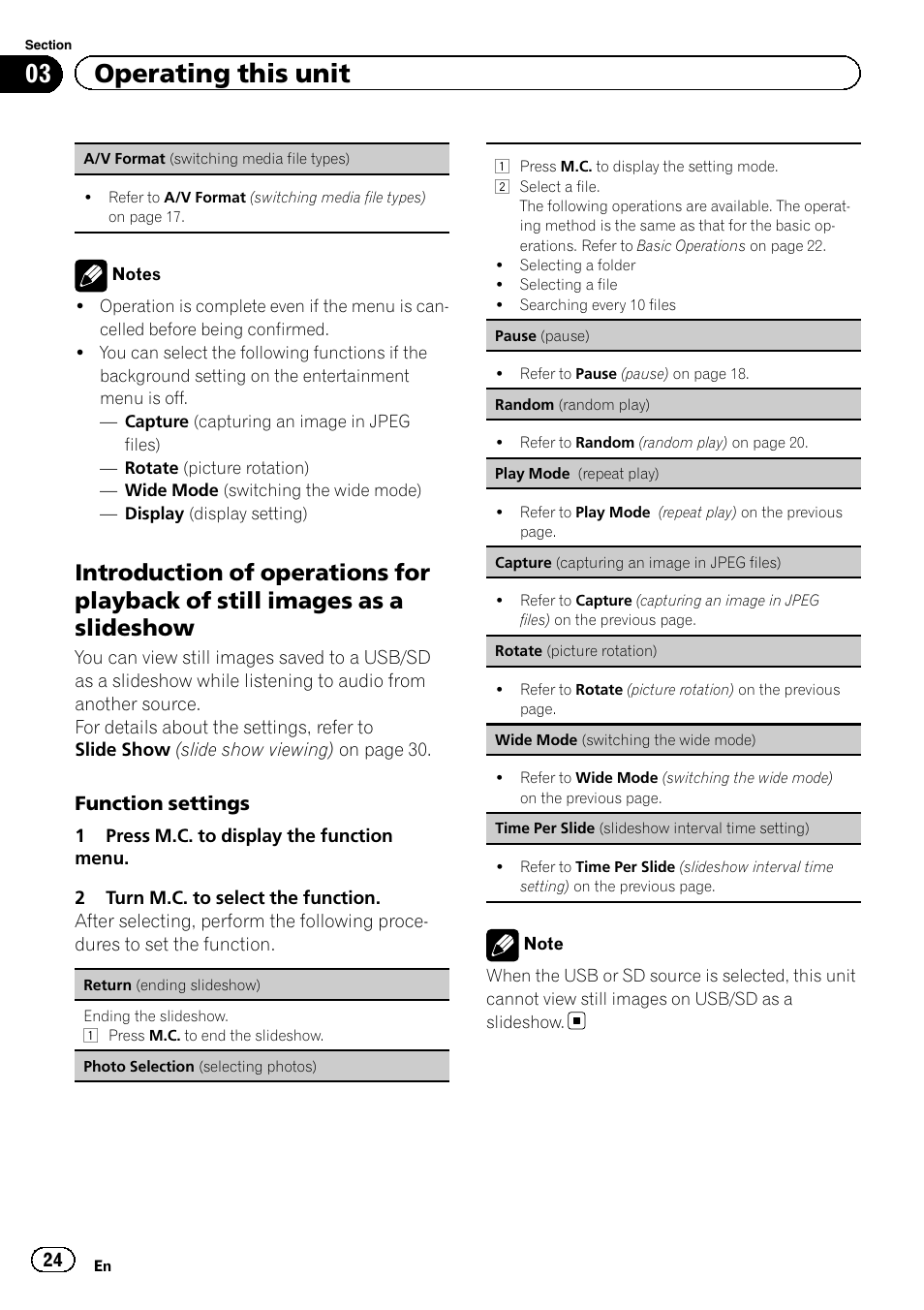 Introduction of operations for playback, Of still images as a slideshow, A/v format (switching media file | 03 operating this unit | Pioneer MVH-8200BT User Manual | Page 24 / 48