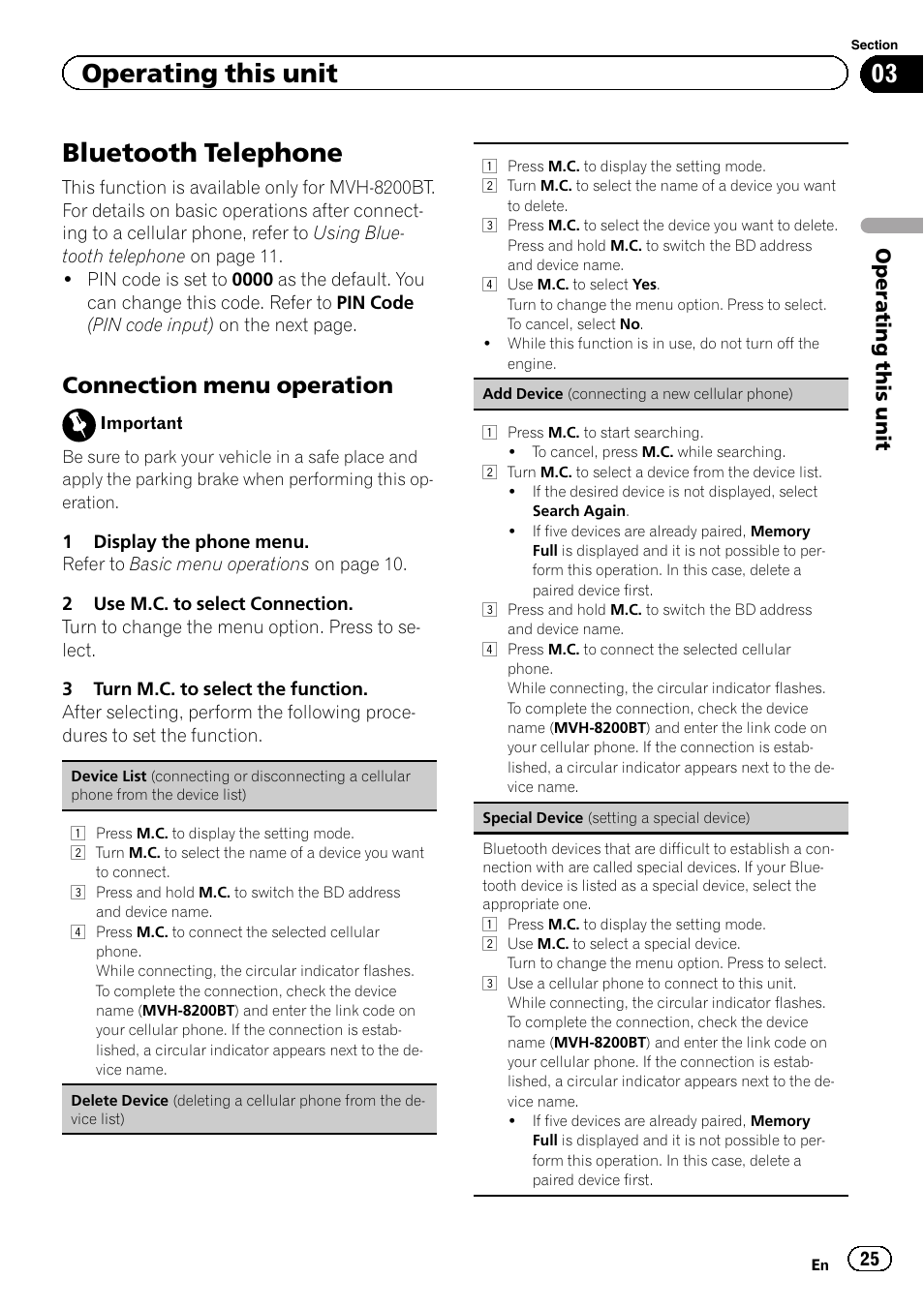 Bluetooth telephone, Connection menu operation 25, Connection menu operation | Operating this unit | Pioneer MVH-8200BT User Manual | Page 25 / 48