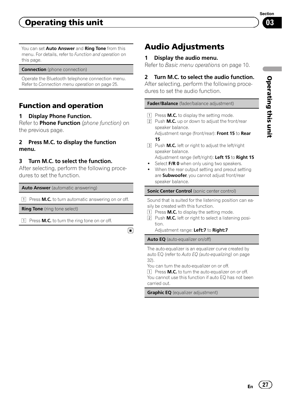 Function and operation 27, Audio adjustments, Function and operation | Operating this unit | Pioneer MVH-8200BT User Manual | Page 27 / 48
