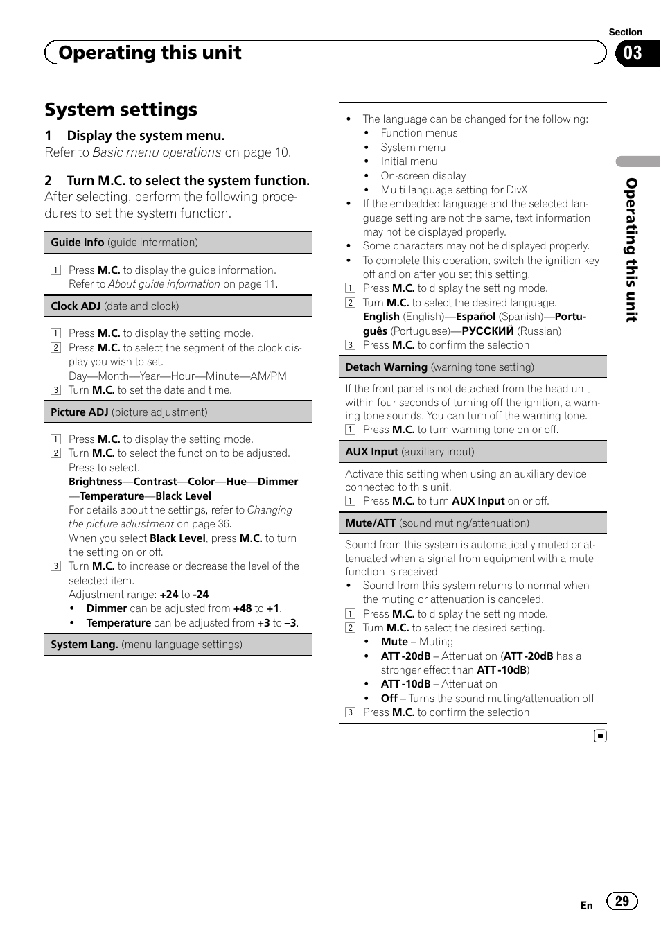 System settings, Operating this unit | Pioneer MVH-8200BT User Manual | Page 29 / 48