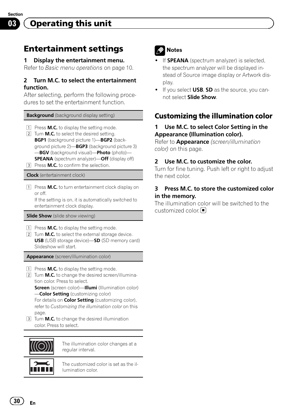 Entertainment settings, Customizing the illumination color 30, 03 operating this unit | Customizing the illumination color | Pioneer MVH-8200BT User Manual | Page 30 / 48