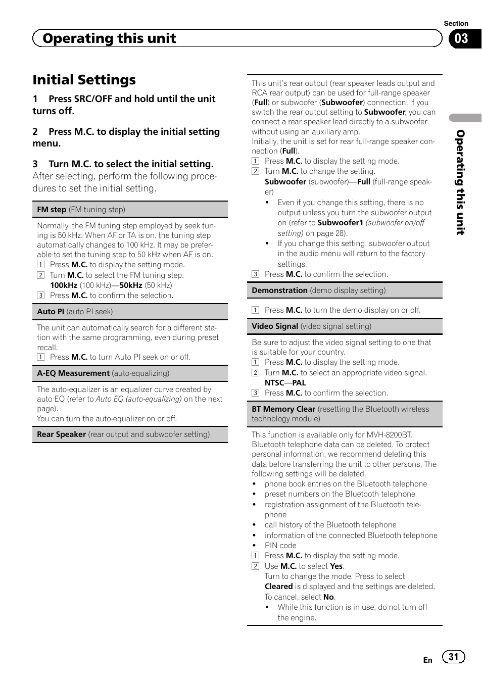 Initial settings, Operating this unit | Pioneer MVH-8200BT User Manual | Page 31 / 48
