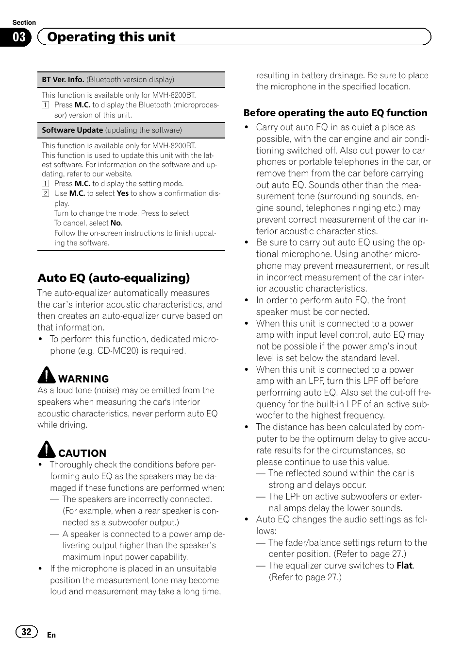 Auto eq (auto-equalizing) 32, 03 operating this unit, Auto eq (auto-equalizing) | Pioneer MVH-8200BT User Manual | Page 32 / 48