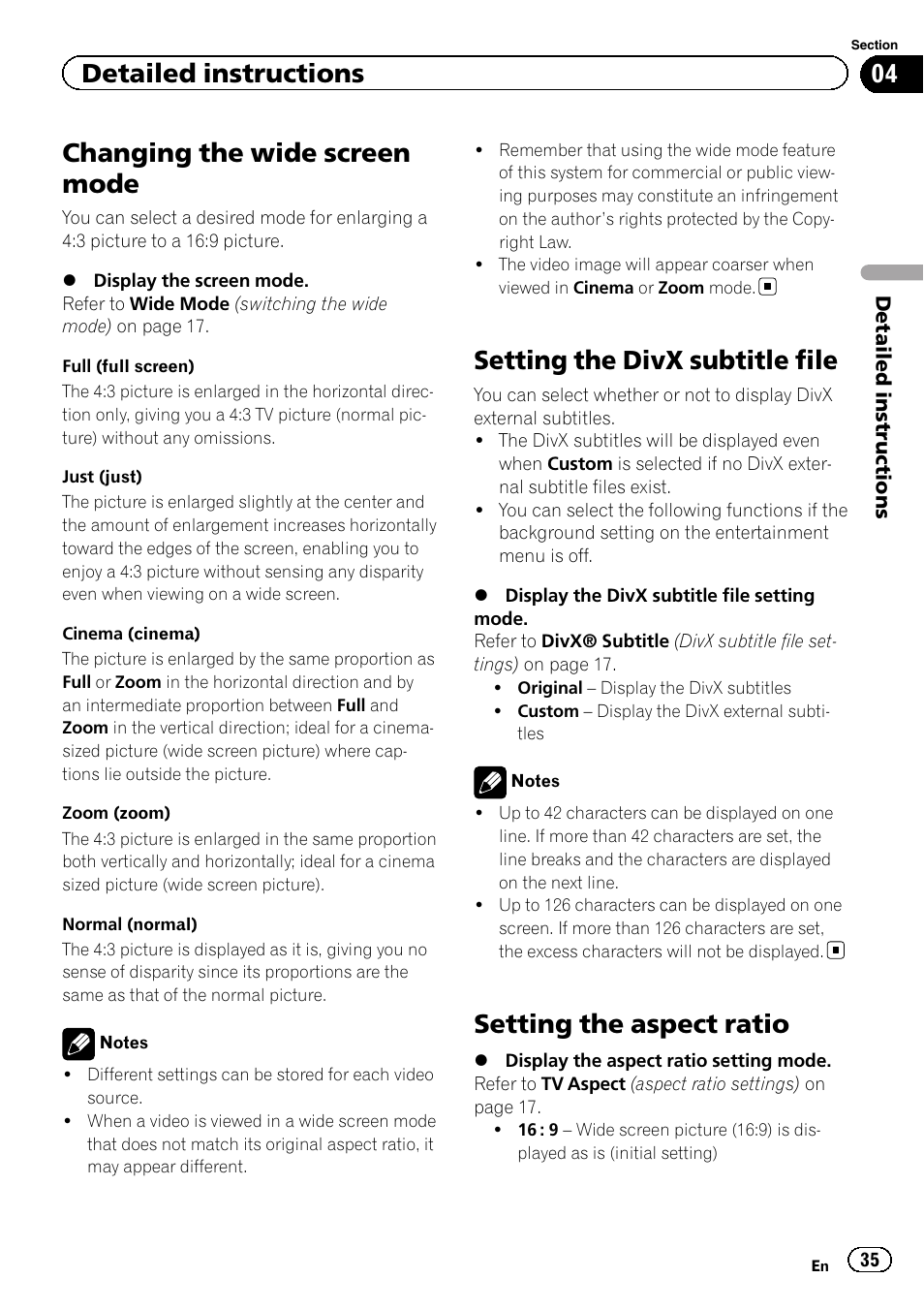 Setting the divx subtitle file, Setting the aspect ratio, Changing the wide screen mode | Detailed instructions | Pioneer MVH-8200BT User Manual | Page 35 / 48
