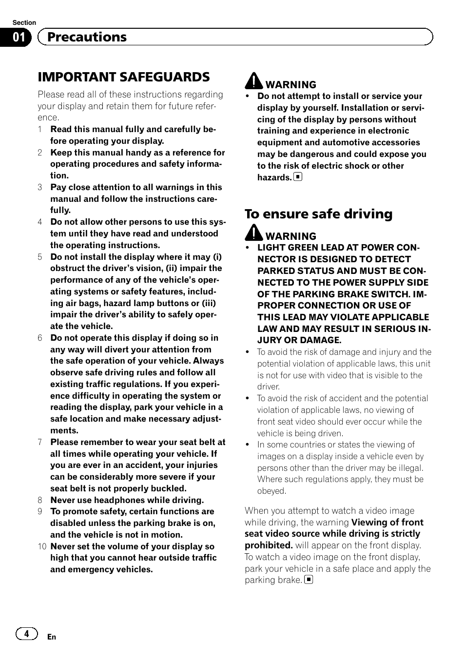 Precautions, Important safeguards, To ensure safe driving | 01 precautions | Pioneer MVH-8200BT User Manual | Page 4 / 48