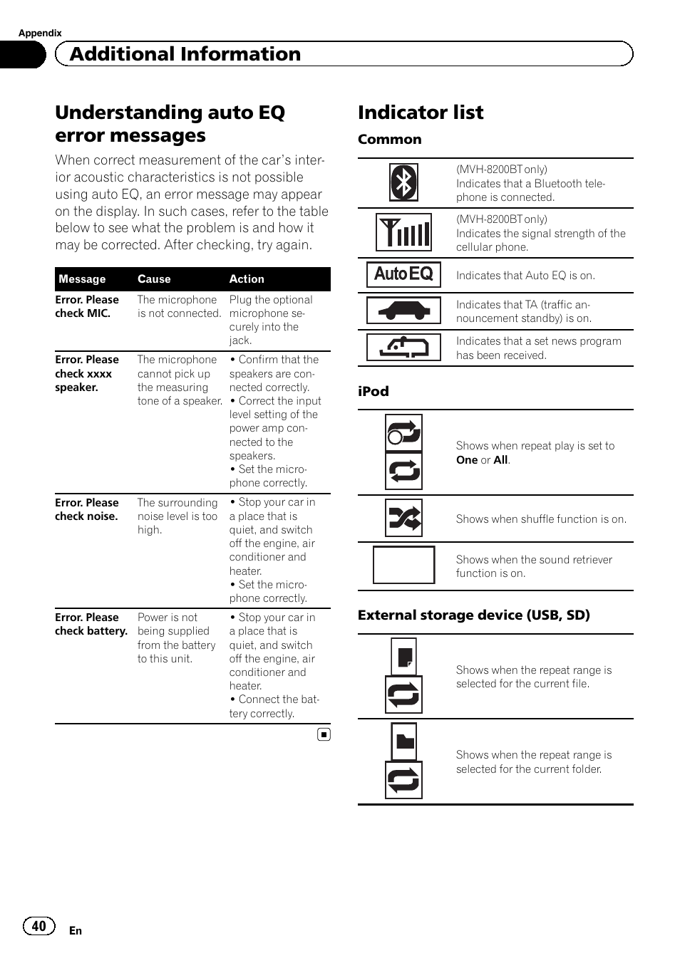 Understanding auto eq error messages, Indicator list, S.rtrv | Additional information | Pioneer MVH-8200BT User Manual | Page 40 / 48