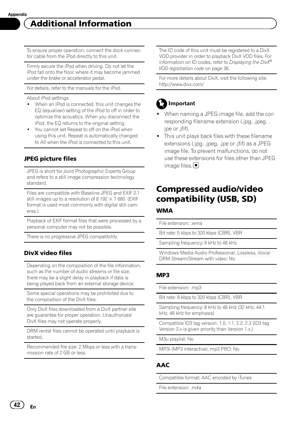Compressed audio/video compatibility (usb, Compressed audio/video compatibility (usb, sd), Additional information | Pioneer MVH-8200BT User Manual | Page 42 / 48