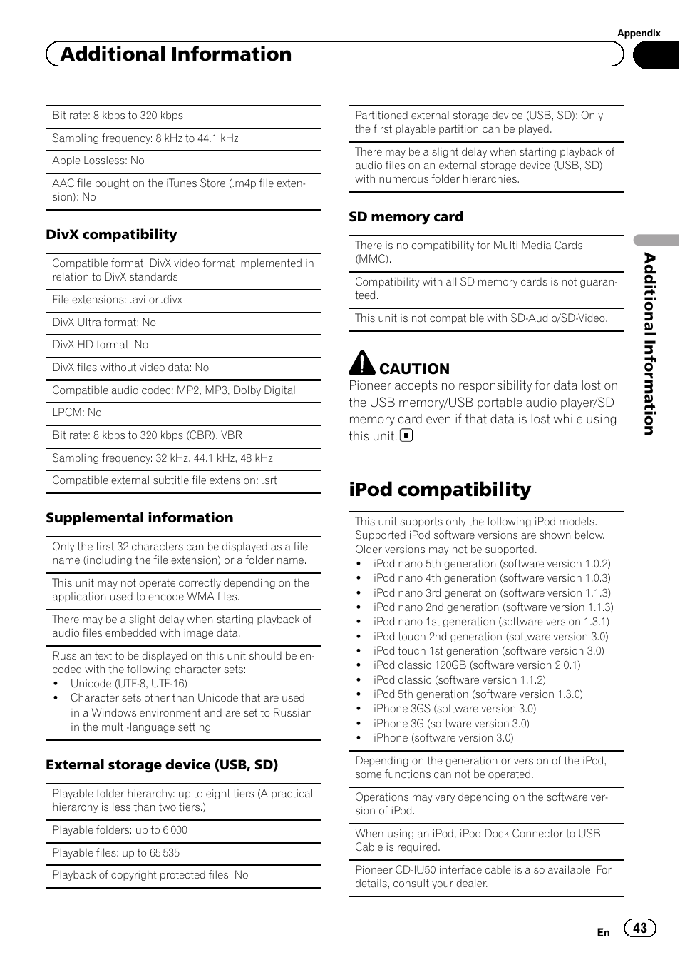 Ipod compatibility, Additional information, Caution | Pioneer MVH-8200BT User Manual | Page 43 / 48