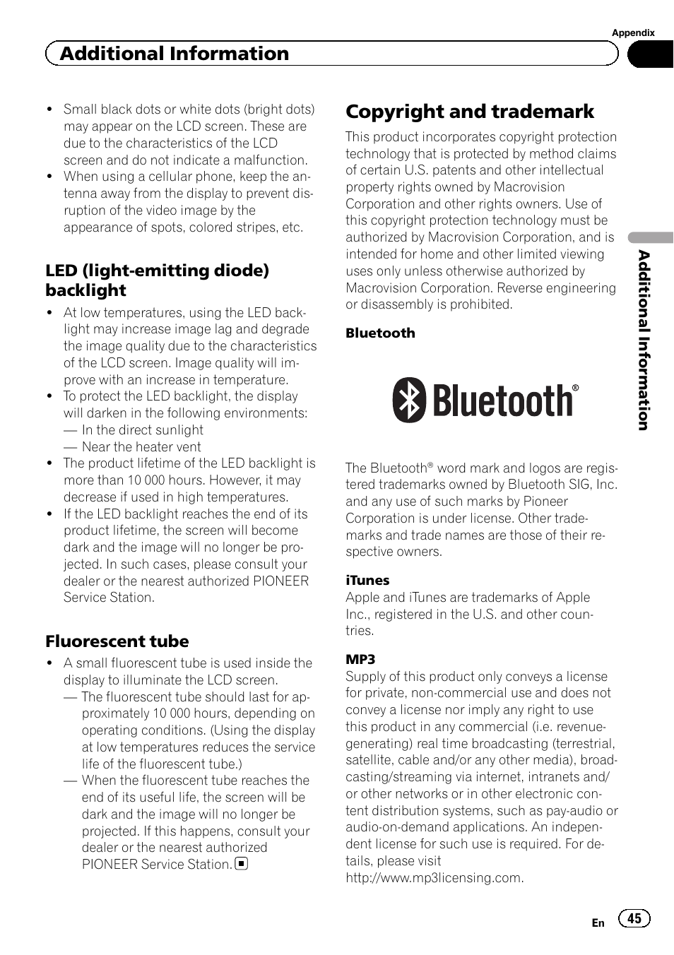 Led (light-emitting diode), Backlight, Fluorescent tube 45 | Copyright and trademark, Additional information, Led (light-emitting diode) backlight, Fluorescent tube | Pioneer MVH-8200BT User Manual | Page 45 / 48