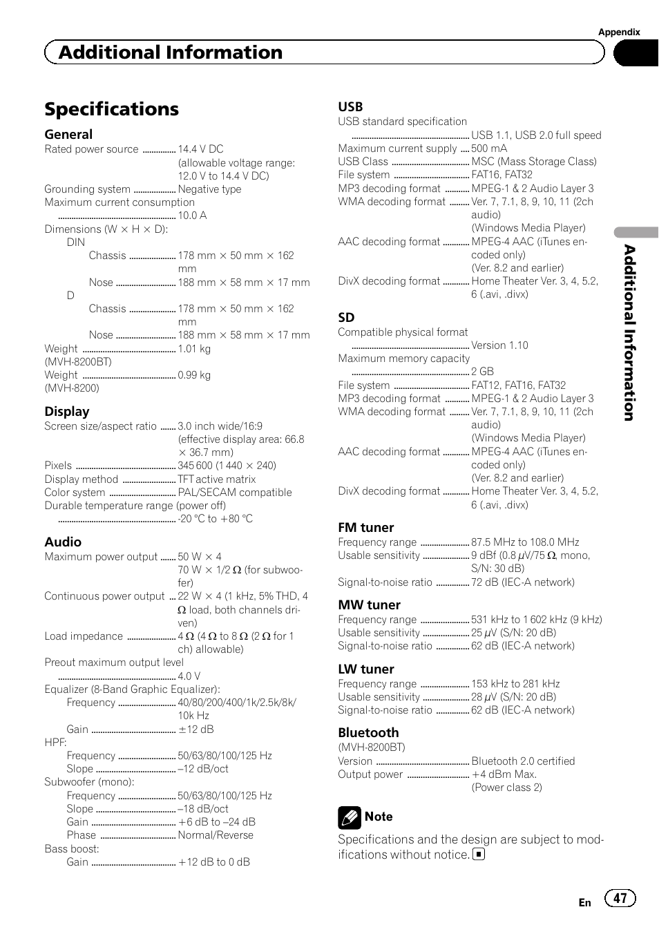 Specifications, Additional information | Pioneer MVH-8200BT User Manual | Page 47 / 48