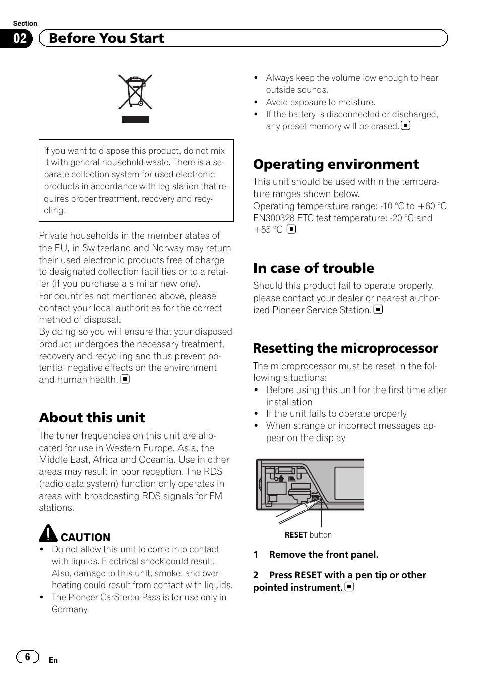 Before you start about this unit, Operating environment, In case of trouble | Resetting the microprocessor, About this unit, 02 before you start | Pioneer MVH-8200BT User Manual | Page 6 / 48