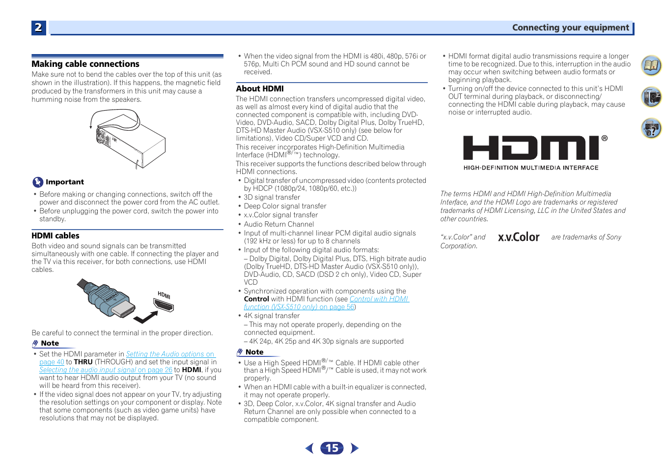 Making cable connections, Hdmi cables, About hdmi | Pioneer VSX-S510-S User Manual | Page 15 / 65
