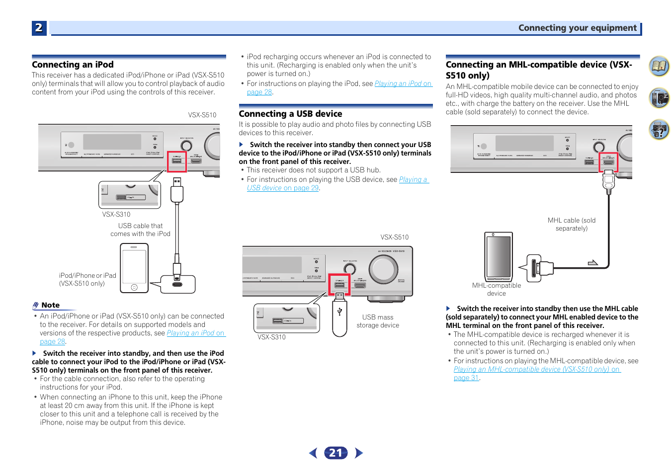 Connecting an ipod, Connecting a usb device, Connecting an mhl-compatible device | Vsx-s510 only) | Pioneer VSX-S510-S User Manual | Page 21 / 65